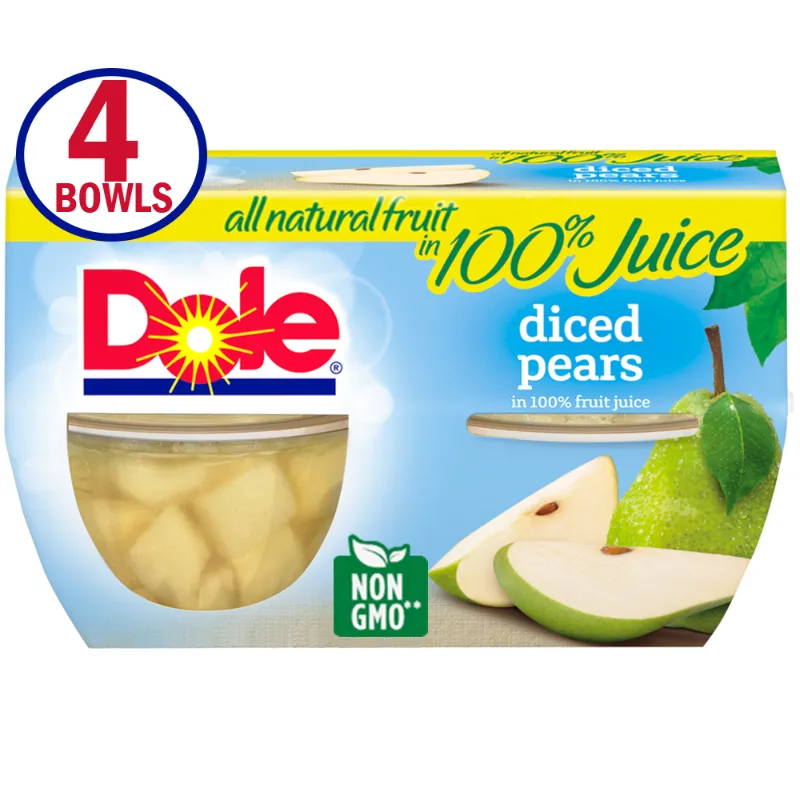 Photo 1 of (4 Cups) Dole Fruit Bowls Diced Pears in 100% Fruit Juice 4 Oz
