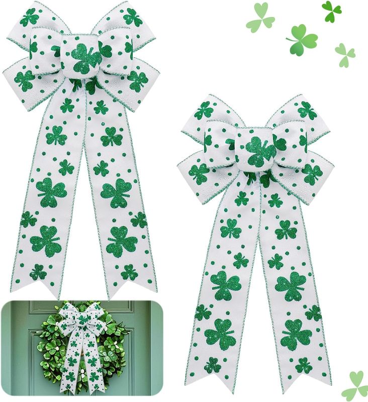 Photo 1 of 2 Pcs Large St. Patrick's Day Wreath Bow - Glitter Clovers Shamrock Hanging Bows for Front Door, Decorative Irish Holiday Crafts Bows for Outdoor Tree Topper Home Wall Window, 7.9x15.7 in
