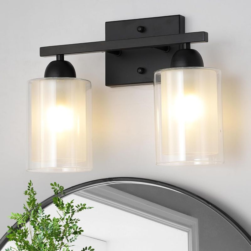 Photo 1 of 2 Light Bathroom Vanity Light Over Mirror, Matte Black Bathroom Light Fixtures with Clear Glass Shades and Milk Glass, Modern Vanity Lighting Wall Mount
