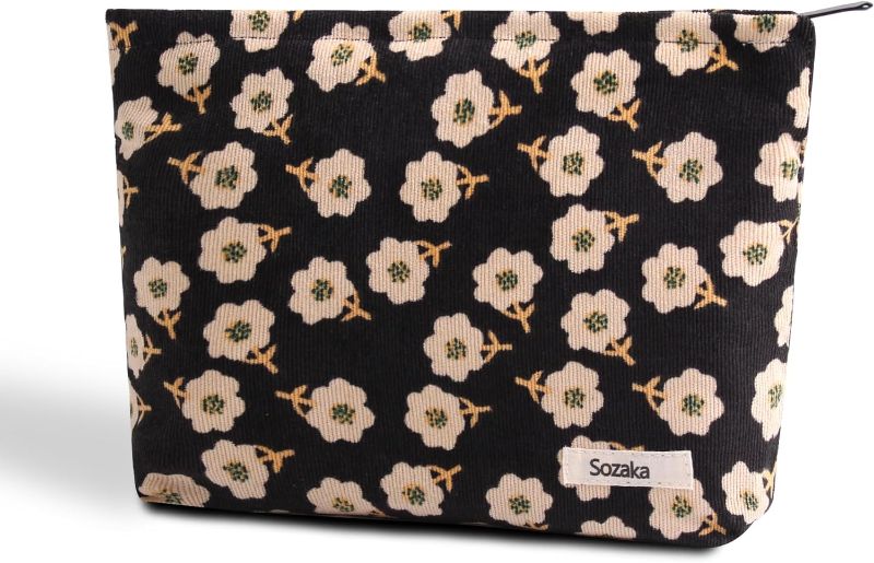 Photo 1 of Makeup bag for Women, Flower Cosmetic Bags Zipper Pouch, Large Capacity Corduroy Makeup Bag, Travel Toiletry Bag Organizer for Women and Girls (Black-Flowers)
