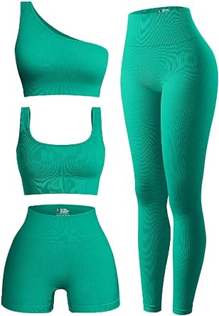 Photo 1 of OQQ Women's 4 Piece Outfits Ribbed Seamless Exercise Scoop Neck Sports Bra One Shoulder Tops High Waist Shorts Active Set Green Large