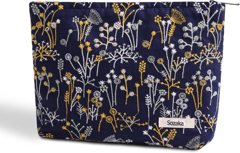 Photo 1 of Makeup Bag for Women Flower Cosmetic Bag Large Capacity Makeup Pouch with Zipper, Women Travel Toiletry Bag Organizer Floral Makeup Bags (Navy Blue)
