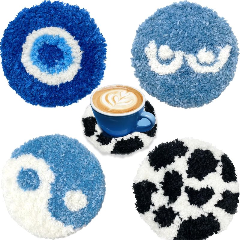 Photo 1 of Coasters for Drinks - Handmade Preppy Tufted Blue Decor Rug Aesthetic Cute Room Coffee Table Decor for Women Girl Gift 4Pcs 