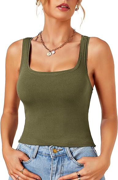 Photo 1 of KIFOVEN Women's Ribbed Knit Square Neck Sleeveless Slim Fit Cami Crop Top Black Small