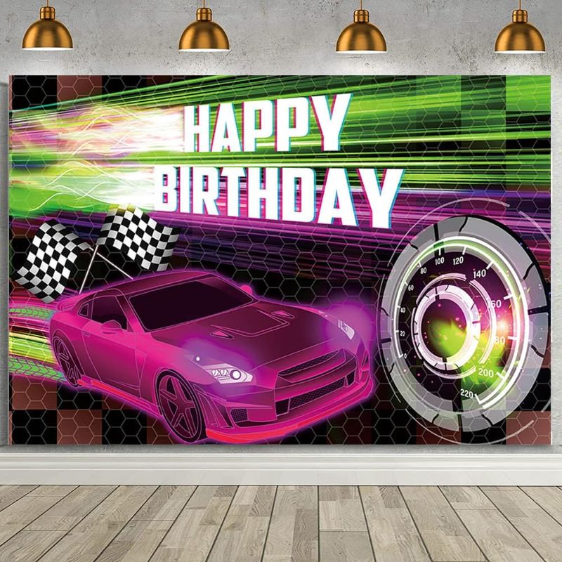 Photo 1 of MEHOFOND 8x6ft Car Racing Happy Birthday Backdrop, Pink Racing Party Photo Background for Boys, Cars Party Decorations Car Banner Pink Race Car Birthday Party Supplies Party Decor 