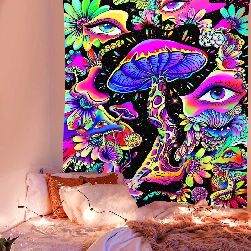 Photo 1 of QGKPL Blacklight Mushroom Tapestry, UV Reactive Trippy Tapestry for Bedroom, mysterious eyes Glow in Dark Tapestries for Wall Poster 59×79 inch