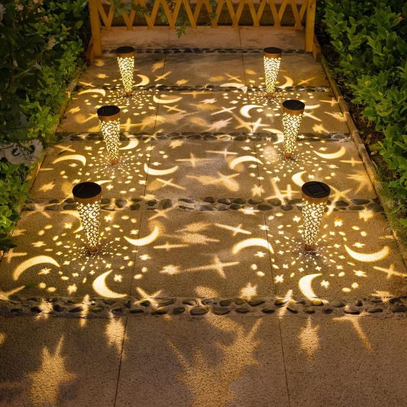 Photo 1 of Go2garden Solar Garden Lights Outdoor Decorative Stake Lights Waterproof with Moon Star for Patio, Pathway, Backyard, Outside Decor, Lawn Ornaments (Copper, 6pack)