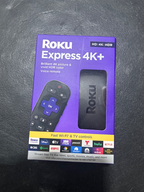Photo 2 of Roku Express 4K+ | Streaming Player HD/4K/HDR with Roku Voice Remote with TV Controls, Includes Premium HDMI Cable NEW Roku Express 4K+