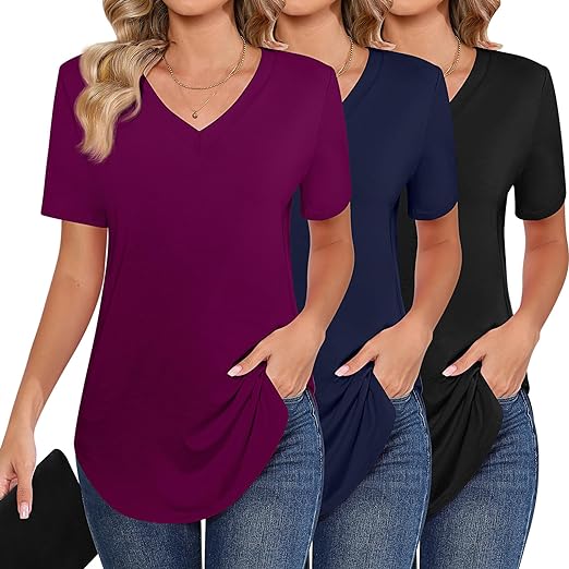 Photo 1 of Ficerd 3 Pack Women's Short Sleeve Tunic Tops, V Neck Curved Hem Shirt Casual Summer Basic Tshirts Tee Blouse Medium