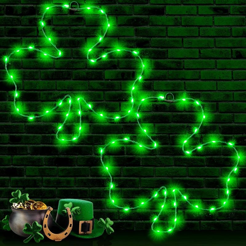 Photo 1 of 2 Set Lighted Window Decoration for St. Patrick's Day, 15.8 Inch 40 LED Irish Green Clover Shamrock Shaped LED with Iron Frame, Battery Operated Window Leaf Shaped Lights
