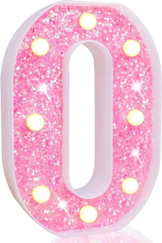 Photo 1 of Pooqla Marquee Numbers Lights, light up Numbers Battery Powered, Glitter Lighted Numbers for Birthday Party, Shiny LED Numbers for Christmas Wedding Home Bar Decoration, Pink Number 0
