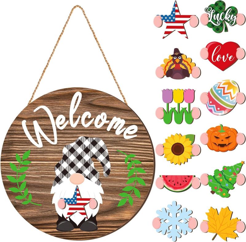 Photo 1 of Geetery Interchangeable Welcome Sign for Front Door Decorations Seasonal Wooden Gnome Door Hanger Wreath 12 Inches Farmhouse Rustic Wall Home Sign with Interchangeable Holiday (Cute Style)
