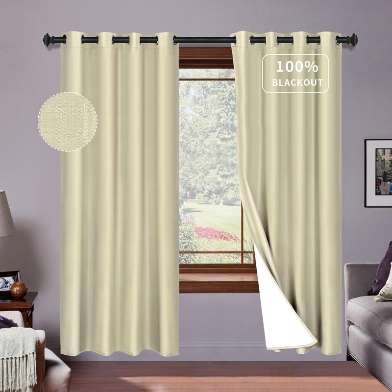 Photo 1 of PureFit Linen 100% Blackout Curtains 84 Inch Length 2 Panels Set Room Darkening Thermal Insulated Window Curtain Drapes for Bedroom Nursery with Anti-Rust Grommets & Energy Saving Liner, Natural