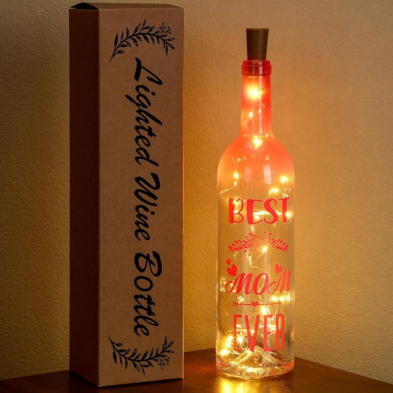 Photo 1 of Yaomiao Women Gifts Lighted Wine Bottle Gifts Teacher Appreciation Gifts Wine Bottle Lighted Wine Bottle with Cork Wine Bottle Lights with Cork Liquor Kraft Box for Home Decorations(Mom Pink)