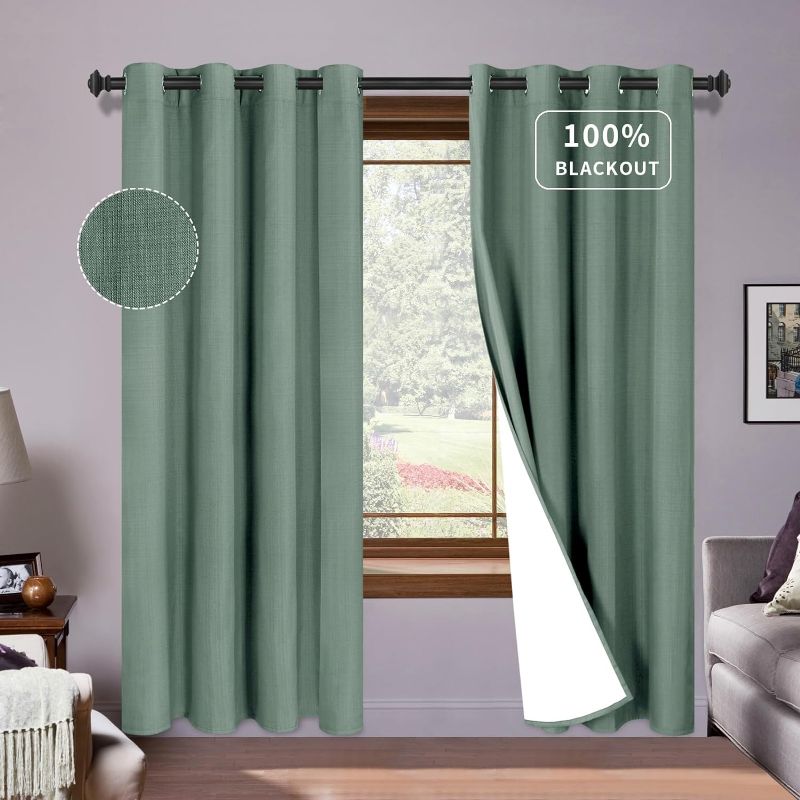 Photo 1 of PureFit Linen 100% Blackout Curtains 52X72 Inch Length 2 Panels Set Room Darkening Thermal Insulated Window Curtain Drapes for Bedroom Nursery with Anti-Rust Grommets & Energy Saving Liner, Sage Green