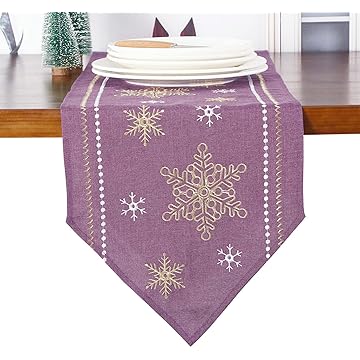 Photo 1 of GRANDDECO Christmas Holiday Table Runner with Embroidered Snowflake Pattern Festive Winter Dresser Scarf Table Topper for Family Xmas Home Kitchen Dinner Party Table Decoration 13X36 inch Purple
