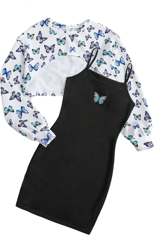 Photo 1 of 14Y COZYEASE Girls' 2 Piece Outfits Butterfly Print Crewneck Long Sleeve Crop Top and Cami Dress Set
