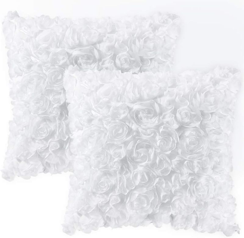 Photo 1 of MIULEE Pack of 2 Decorative Romantic Stereo Chiffon Rose Flower Pillow Cover Solid Square Pillowcase for Valentines Day Decoration Sofa Bedroom Car 18x18 Inch 45x45 cm White