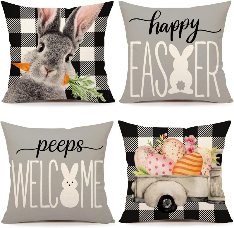 Photo 1 of Easter Pillow Covers 16x16 Set of 4 Easter Decorations for Spring Farmhouse Pillows Easter Decorative Throw Pillows Buffalo Plaid Bunny Eggs Welcome Peeps Throw Cushion Case for Home Decor TH163-16 