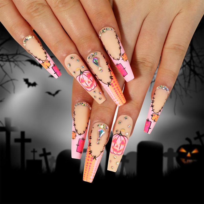 Photo 1 of 24PCS Long Coffin Press on False Nails Halloween Pumpkin with Rhinestones Design Glossy Ballerina Fake Nails Cute Funny Full Cover Acrylic Nails for Women and Teen Girls Halloween Party Cosplay 
