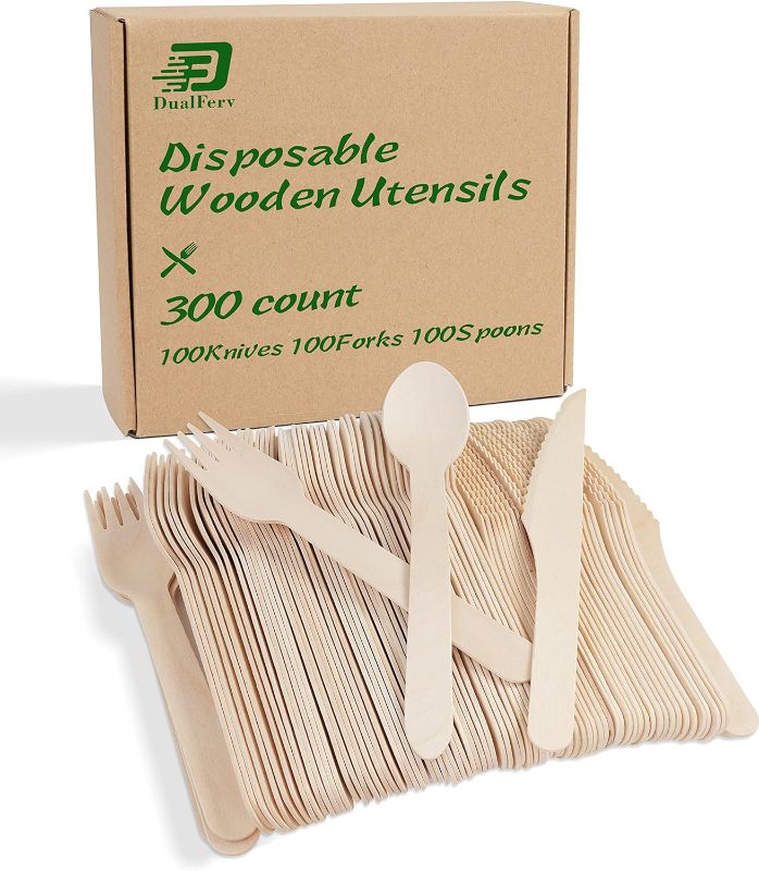 Photo 1 of Disposable Wooden Utensils 300 Set (100 Wooden Forks, 100 Spoons, 100 Knives), Compostable Biodegradable Utensils, Disposable Wooden Cutlery for Weddings, Camping, Picnic, Wooden Party Utensils
