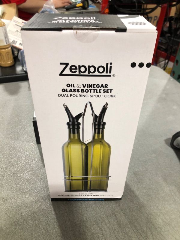 Photo 2 of Zeppoli Oil Dispenser Bottle Set - Dual Spout and Pouring Funnel - Stainless Steel Rack Included - Oil Funnel Kitchen - Glass Bottle - Oil Dispenser Bottle Kitchen Cruets - Oil Pack