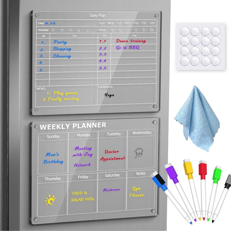 Photo 1 of 2 Pcs Acrylic Magnetic Weekly Calendar & Daily Planner Set for Fridge, 16''x 12'' Clear Acrylic Magnetic Dry Erase Weekly Calendar Daily to-do List Planner for Fridge
