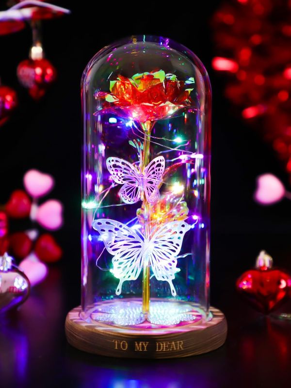 Photo 1 of Womens Gifts for Mothers Day Galaxy Rose Crystal Flower, Light Up Flowers in Glass Dome Birthday Gift Presents Ideas for Mom Grandma Wife Sister Friends (Red)
