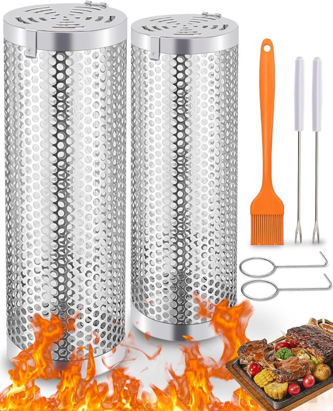 Photo 1 of 2 Pcs Grill Basket 304 Stainless Steel, Rolling Grill Baskets for Outdoor Grilling, Grill BBQ Net Tube, Portable Grill Nets Cylinder Suitable for Vegetable, Fries, Fish, Shrimp
