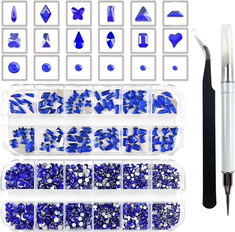 Photo 1 of 2640 Pcs Nail Art Rhinestones - Flat Back Multi-Shaped & Round,Crystals for Face Gems, Nail Art, Craft Decorations with Picker Pencil and Tweezers. (120 Crystals+2520 Blue Rhinestones) 