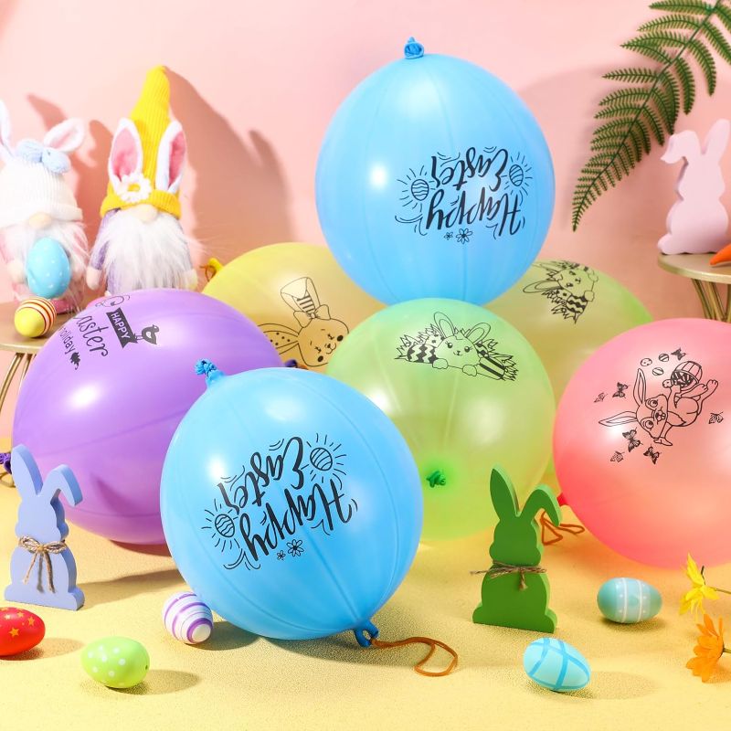Photo 1 of Libima 100 Pcs Easter Punch Balloons Spring Gnome Bunny Egg Punching Balloons Heavy Duty Balloon with Rubber Band Handle for Easter Party Favors Home Spring Birthday Decorations Supplies 