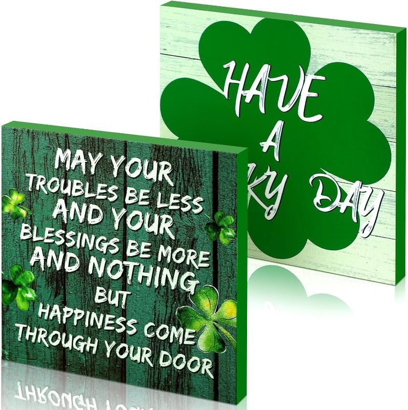 Photo 1 of 2 Pieces St. Patrick's Day Decorative Wood Sign Rustic Shamrock Wood Box Signs Irish Blessing Wall Decor Blessing May Your Troubles Be Less Clover Wood Block Plaque for Home Tray Table, 5.9 Inch