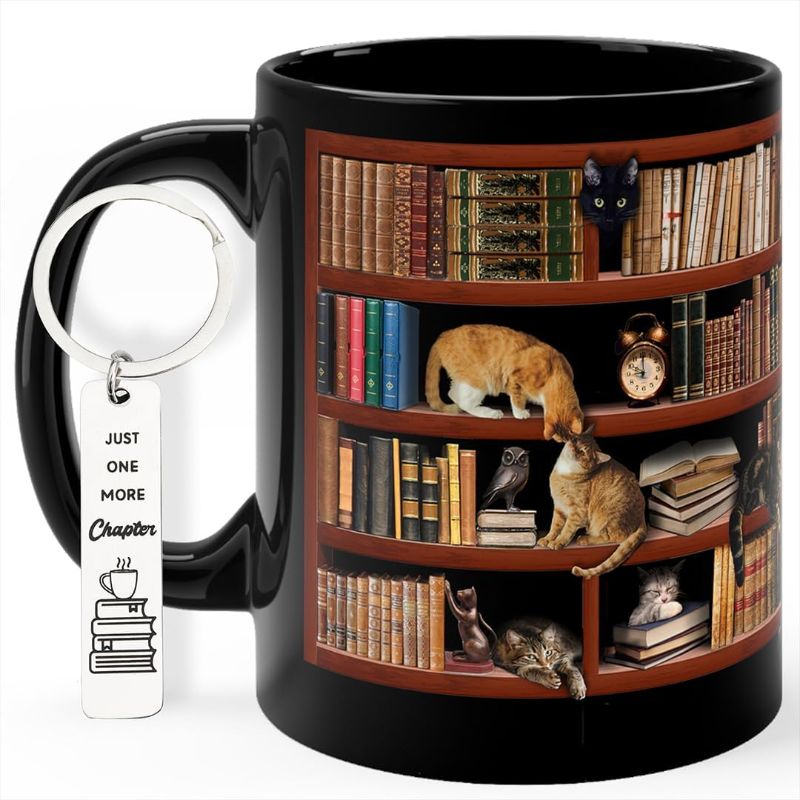 Photo 1 of Library Bookshelf Mug Book Lovers Coffee Mug Library Mug for Cat and Book Lover Book Coffee Mug Book Mug Bookworm Mug Book Club Cup - Gifts for Readers Bookish Black Mug 11Oz With Keychain
