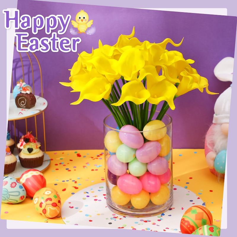 Photo 1 of Zeyune 50 Pcs Easter Decorations Fillable Artificial Tulips with Easter Eggs Vase Filler Set, Spring Home Decoration Centerpieces for Tables(Yellow, Calla Lily) 