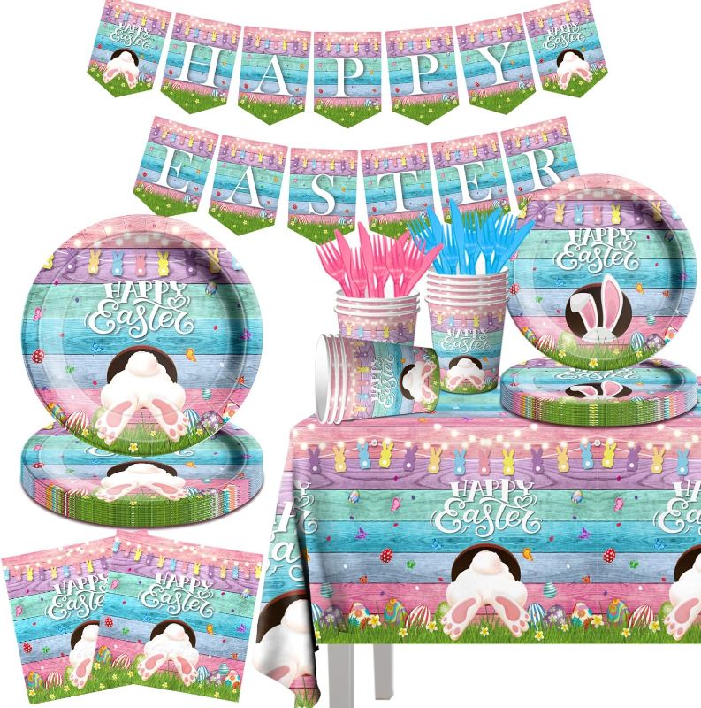 Photo 1 of Easter Party Supplies-Happy Easter Tableware,142pcs Easter Plates and Napkins Bunny Plates Easter Tablecloth for Colorful Spring Easter Party (Tableware) 