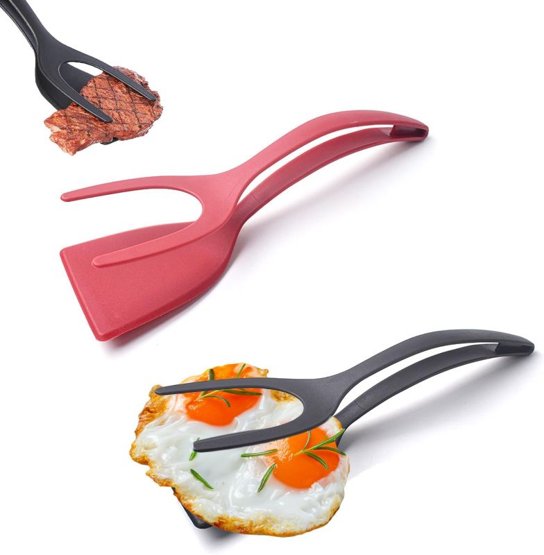 Photo 1 of 2 In 1 Grip and Flip Spatula Tongs Egg Flipper Tong Egg Flipper Spatula Nonstick Egg Spatula Flipper Home Kitchen Cooking Tool for Cooking Eggs Fish Toast Omelet Pancake(black+red) 