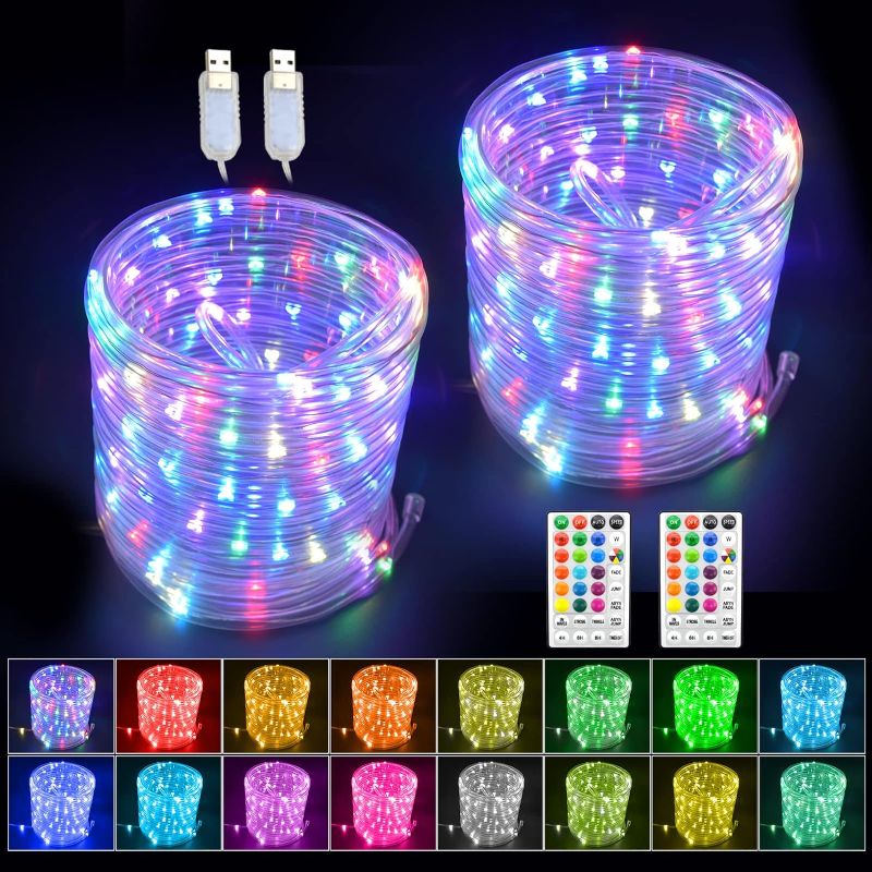 Photo 1 of [ 2 Pack & 16 RGB Color Changing ] Christmas Rope Lights Decorations, Total 240LED 80Ft Timer Remote 4 Modes USB String Fairy Lights Indoor Outdoor Garden Xmas Decor Home, Each 120LED 40Ft (Colorful)