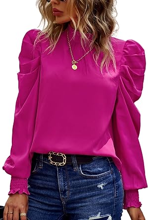 Photo 1 of Angashion Womens Tops Casual Crewneck Long Lantern Sleeve Self Tie Blouses Solid Tunic Shirts 2024 Large