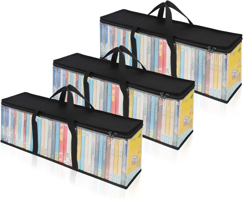 Photo 1 of 3 Pack DVD Storage Bags Transparent PVC Media Storage Organizer Bags Water Resistant DVD Case Holder with Handles Plastic Carrying Game Storage Bag for CDs, Albums, Video Games, DVD