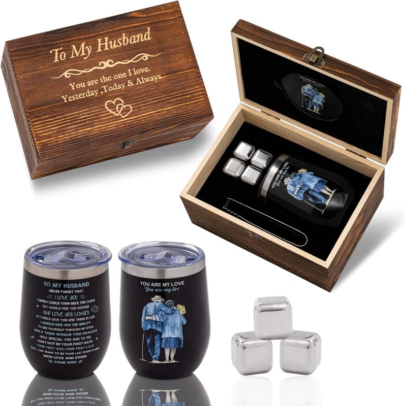 Photo 1 of 25th Anniversary Wedding Gifts Insulated Wine Tumbler Set, 4 Stainless Steel Whiskey Stones & 1 Ceramic Coaster, Anniversary Romantic Gifts for Him, 25 Years of Marriage Gifts For Husband