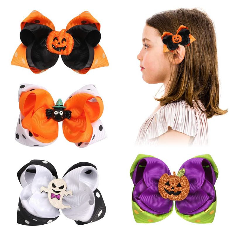 Photo 1 of 4 PCS Halloween Hair Bows for Girls, Pumpkin Spider Hair Clips Orange Purple Grosgrain Ribbon Bows Halloween Ghost Glitter Hair Accessories for Halloween Party Decoration Supplies