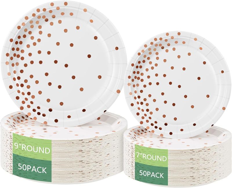Photo 1 of 100 PCS Disposable Paper Plates Round Rose Gold Dots 50 x 9" and 50 x 7" Dinner Plates?Rose Gold Plates Foil Polka Dots Paper Plates Party Supplies for All Occasions