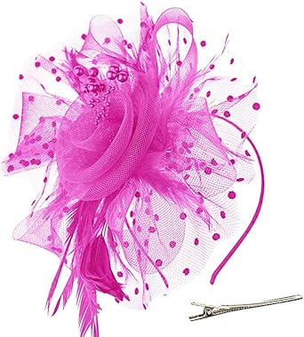 Photo 1 of AIBOMEI Fascinators for Women and Girls Cocktail Tea Party Headwear Mesh Ribbons Feathers on a Headband - Red