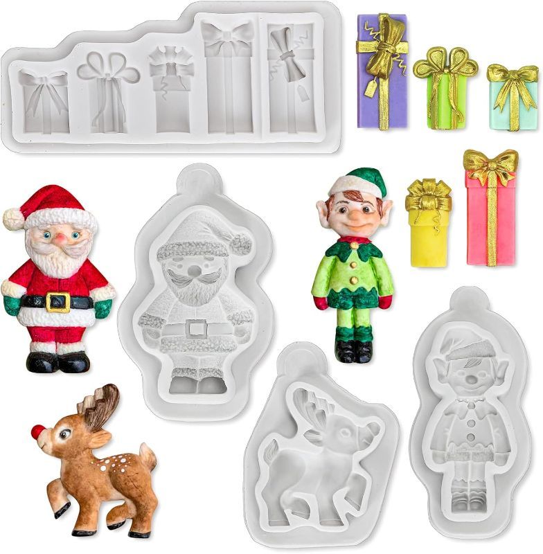 Photo 1 of Whaline 4 Pack Christmas Silicone Fondant Molds Christmas Elf Santa Claus Elk Gift Box Mould Christmas Candy Chocolate Jello Mold for Party Pudding Soap Jelly Cake Cupcake Topper Decoration 