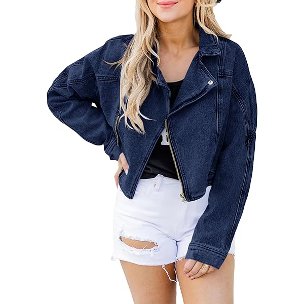 Photo 1 of Farktop Womens Cropped Denim Jacket Long Sleeve Zip Up Distressed Jean Shirt Coats Medium