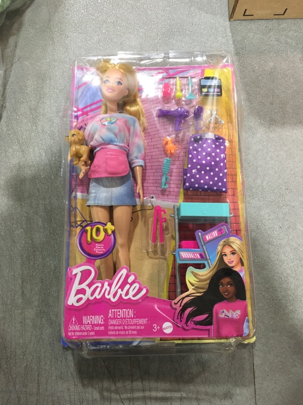Photo 1 of Barbie On-set Stylist Doll & 14 Accessories, Blonde Malibu Fashion Doll with Cart, Smock, Makeup Palette, Puppy & More