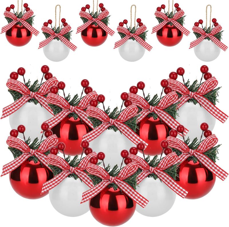 Photo 1 of 12 Pcs Christmas Red and White Ball Ornaments Rustic Christmas Tree Ornaments with Realistic Pine Needle Red Berries String Hanging Christmas Tree Decorations Rustic for Xmas Holiday Decor
