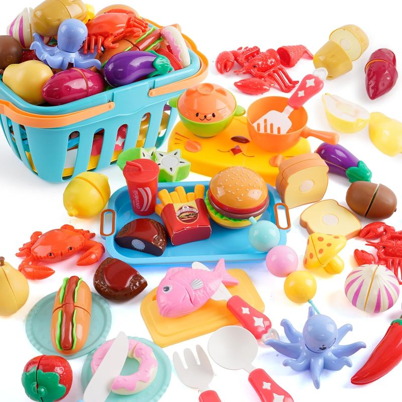 Photo 1 of Cutting Play Food Toy for Kids 61pcs Kitchen Toy Set Pretend Cooking Fruit & Vegetables &Fast Food with Storage Basket,Plastic Mini Cooking Bench&Pot&Dishes&d Knife Educational Toy
