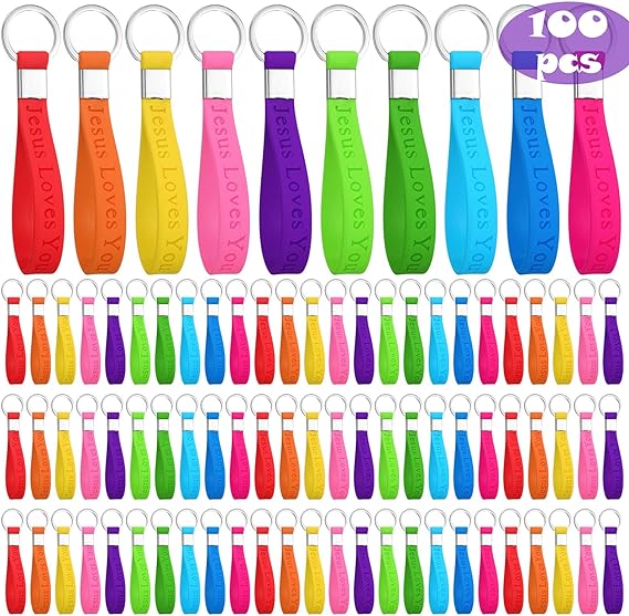 Photo 1 of 100 Pcs Jesus Loves You Silicone Keychains Colorful Christian Bible Keychains Inspirational Religious Keychain
