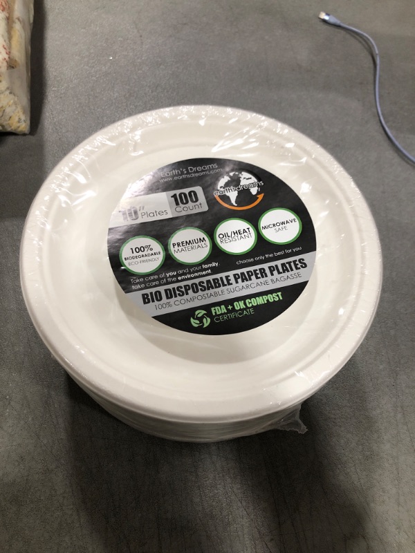 Photo 1 of Earths Dreams 100-Pack 10 Inch 100% Compostable Plates, Biodegradable Paper Plates & Disposable Plates For Party, Heavy-Duty Bulk Paper Plates, Eco-Friendly Bagasse Sugarcane Fiber White Paper Plates 10 Inch - 100 Pack